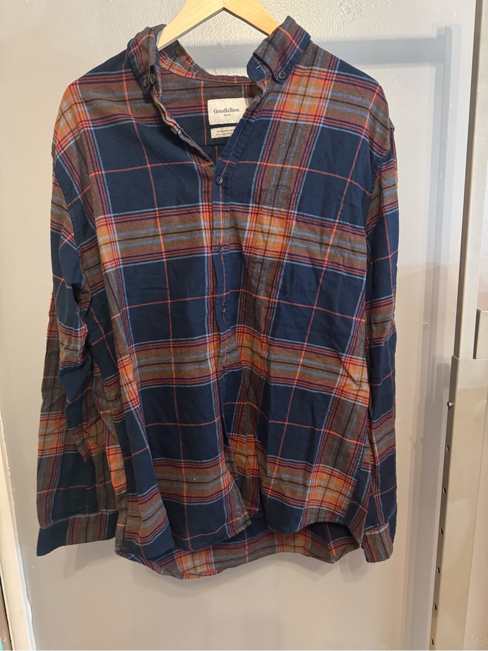 Goodfellow & Co Navy Plaid Button-Down Shirt with Orange Accents
